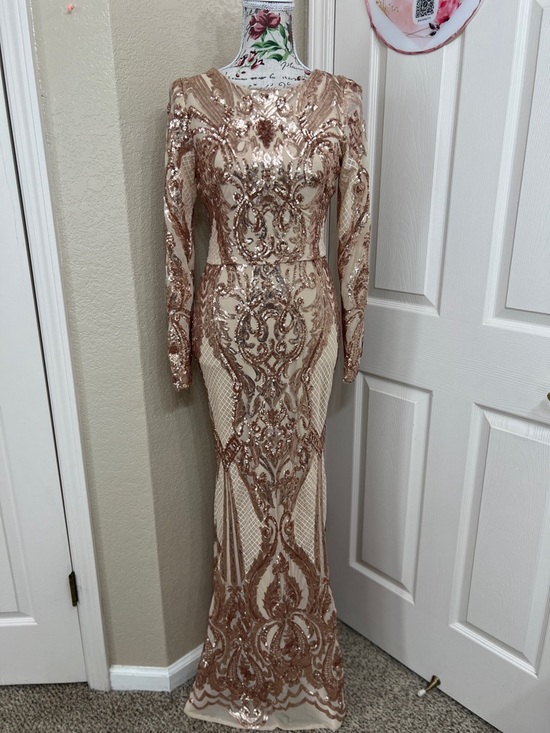 Betsy & Adam Rose Gold Sequin Lace Long Sleeve Gown